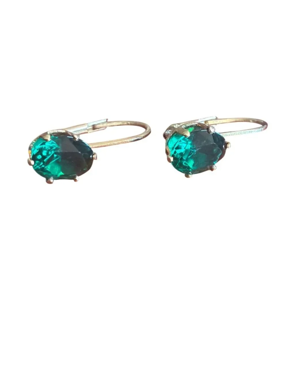 Vintage Gold Tone Green Cut Crystal Leverback Earrings Drop Prong Set 75